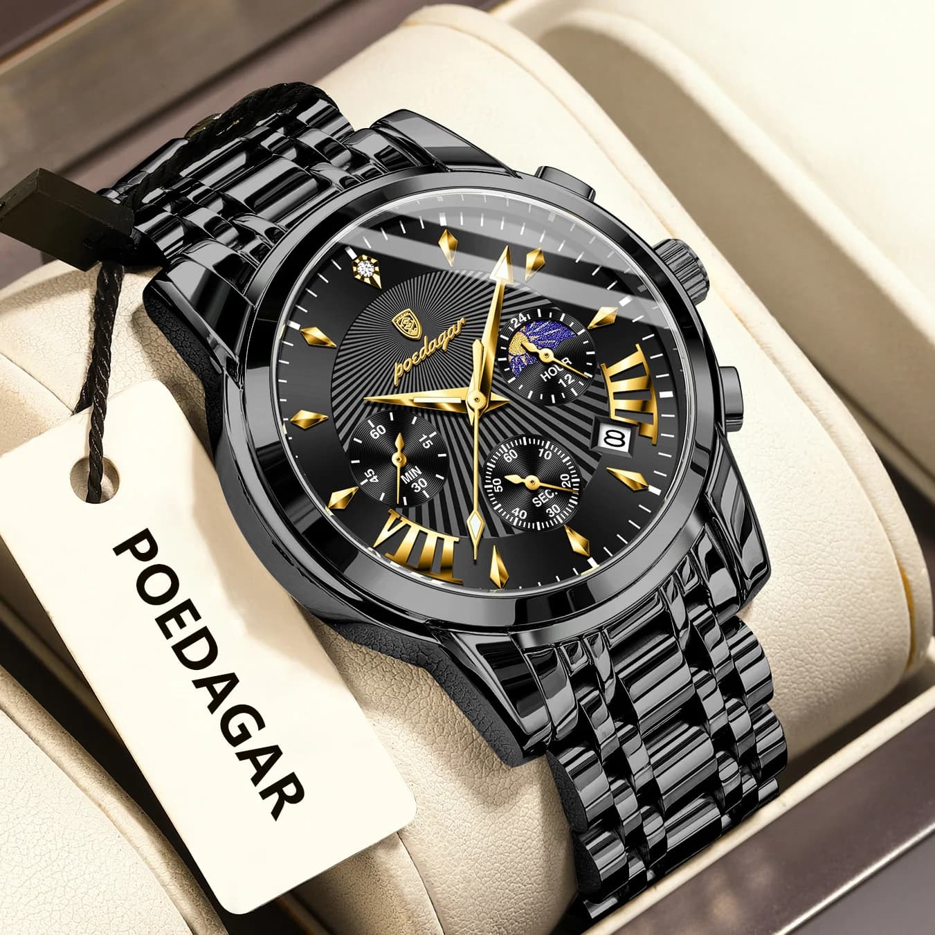 POEDAGAR Orologi da uomo alla moda Cronografo con data luminosa impermeabile Orologi da uomo d'affari Orologio sportivo da uomo al quarzo in acciaio inossidabile