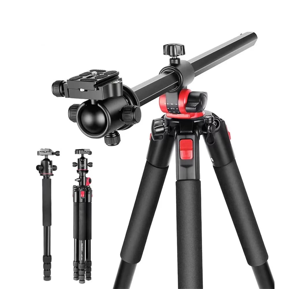 Treppiede in Alluminio Multifunzione con Colonna Centrale Orizzontale e Testa a Sfera Panoramica a 360° per Fotocamere DSLR