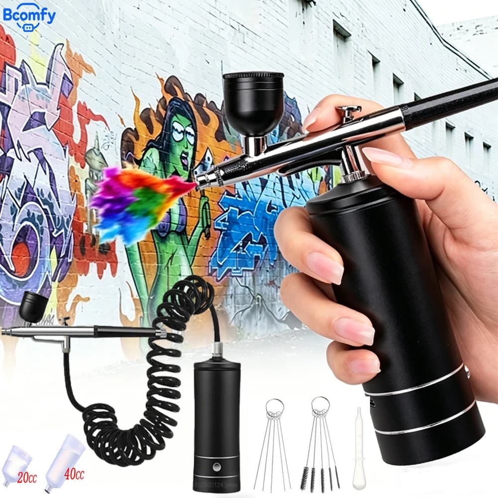 Aerograph with Wireless Rechargeable Compressor, Set with Cleaning Brush for Makeup, Barbiere, Nail Art, Decoration Cakes