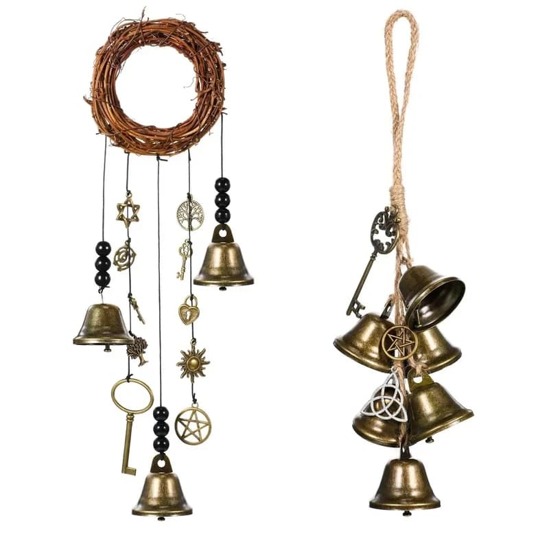 Wicca Protection Wind Chimes - Handmade Witchcraft Door Bells for Porch Decor, Door Knob Charm, Spiritual Gift (Metal & Crystal)