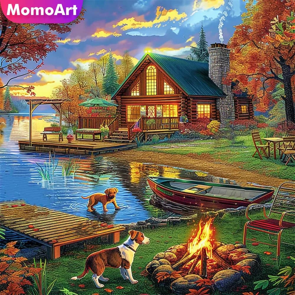 Momoart Landscape Cross Stitch Kit House 11CT Unique Hobby Embroidery Supplies Dog Design DIY Needlework Handmade Hobby