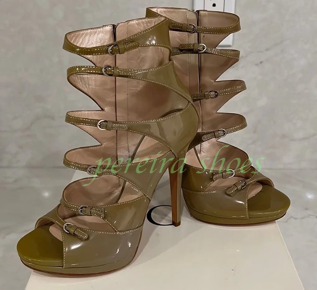 Lady Metallic Pu Brown Boots Open Toe Design Cable Summer Dresses Sexy Sandals With Buckle Strap Pu Mirror Stiletto Heel Flat