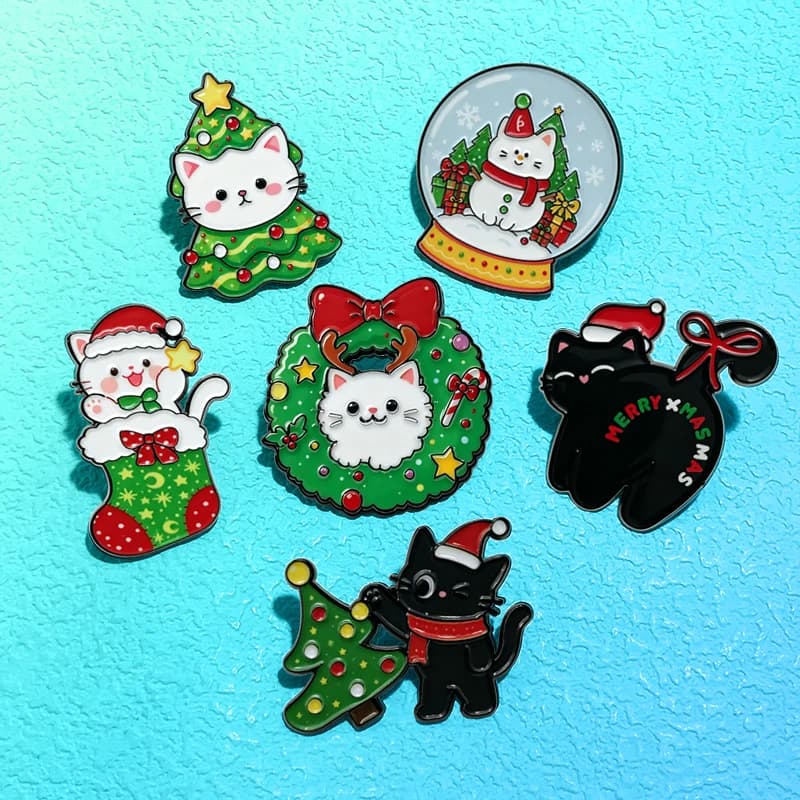 AniPins Christmas Cat Pins 6-design Wreath Snow Globe Christmas Tree Kitty Metal Animal Brooch Pin For Clothes Backpack Badge