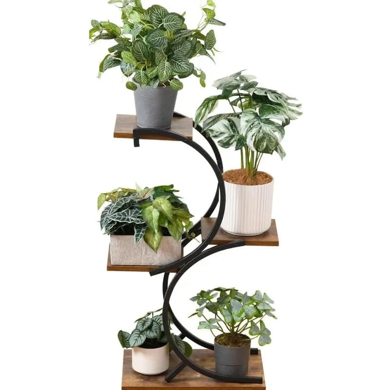 Ferro con supporto per fiori in ferro battuto a forma di S a tre strati con tavola di legno, espositore per scaffali multistrato per interni