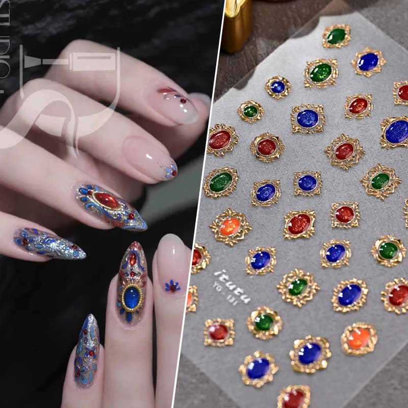 5D Embossed Vintage Palace Gem Nail Stickers Gold Foil Edged Crystal Charms Luxury Nail Art Decals for Elegant Chic Manicure