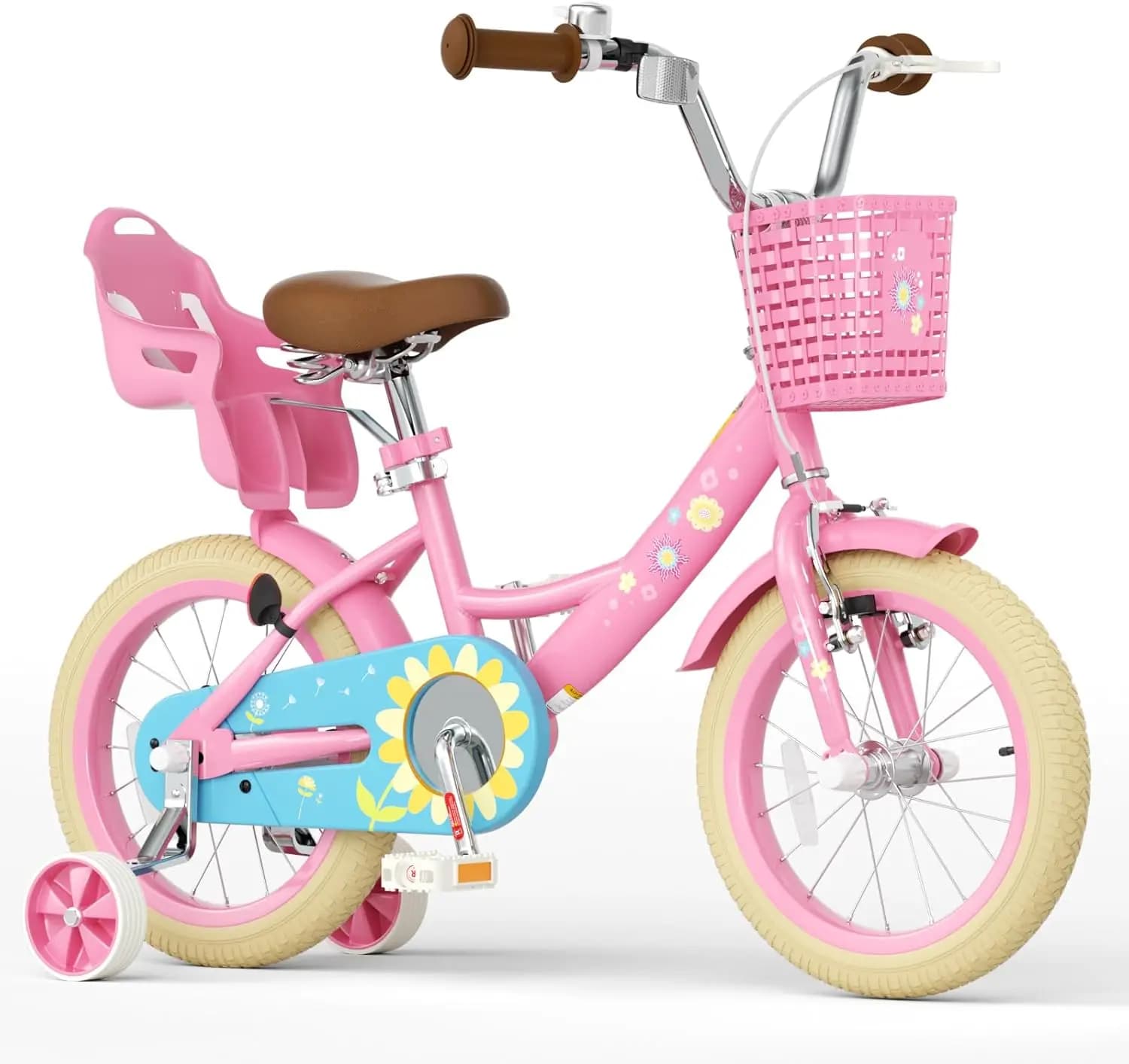 Bicicletta da Principessa con Rotelle, Sedile per Bambola e Cestino, 12-16 Pollici per 2-9 Anni, Sedile Regolabile