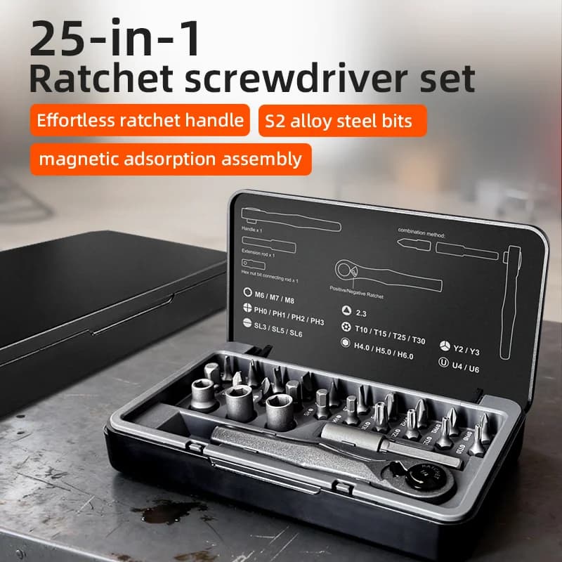 Set di cacciaviti manuali a cricchetto 25 in 1, manico in lega di alluminio, punte per cacciavite in acciaio al cromo vanadio, per uso domestico e sul lavoro