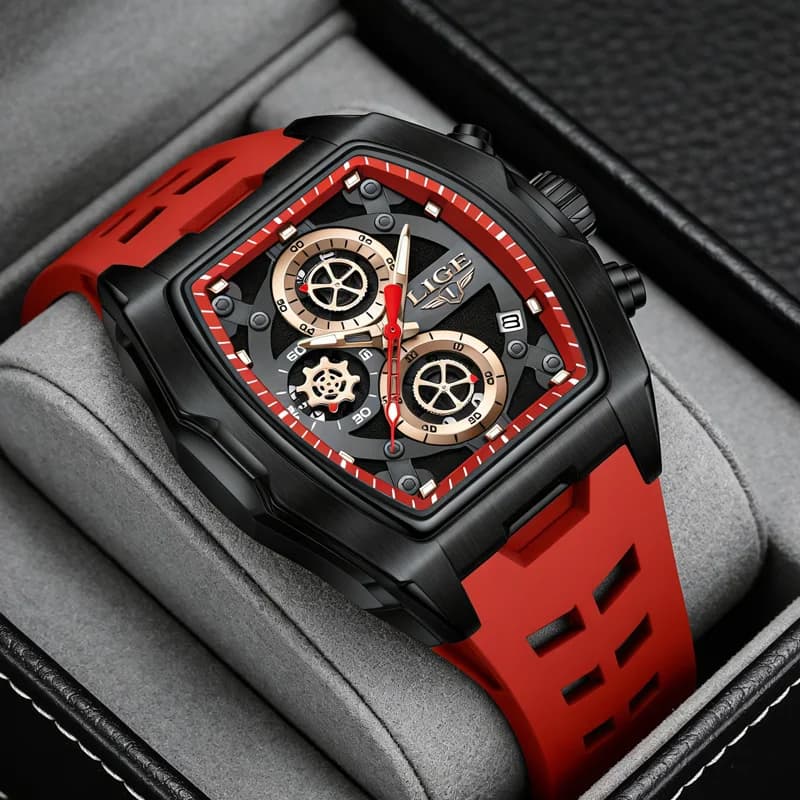 LIGE cronografo al quarzo da uomo quadrante tonneau orologi da polso sportivi militari da uomo con cinturino in silicone orologio con data automatica per uomo