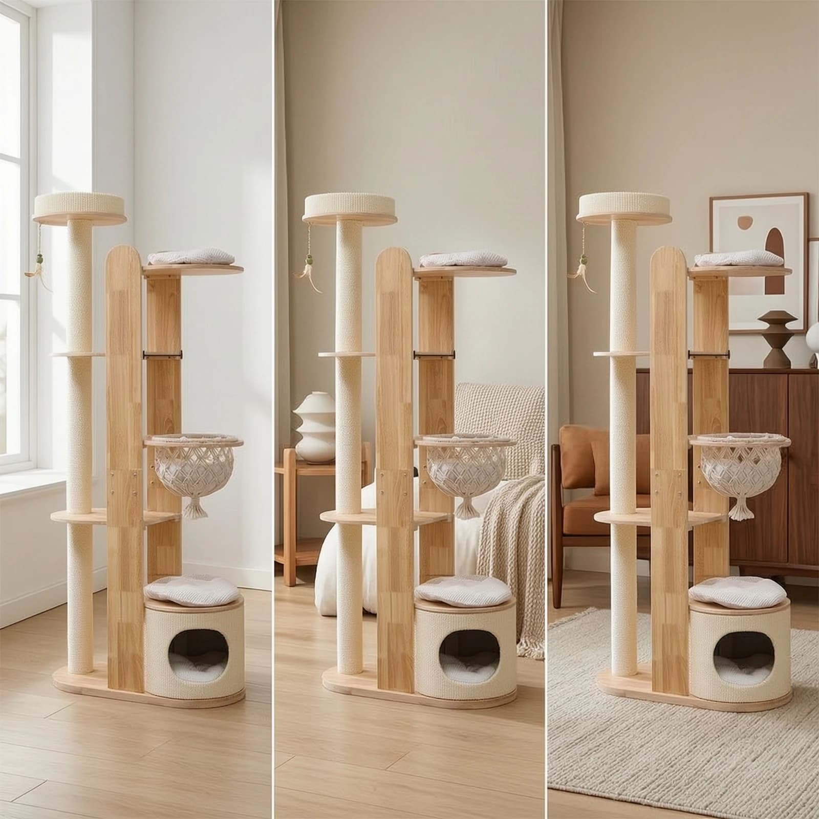 Cat Tree with Clear Bowl Indoor Wooden Cat Cat Structure with Scratching Posts Pet Furniture Floor-Standing Heavy-Duty for Cats