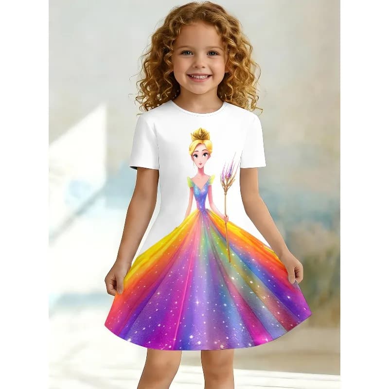 Abito T-shirt stampato con principessa arcobaleno per ragazza, abito casual bianco, adatto per feste e compleanni per bambini come regalo