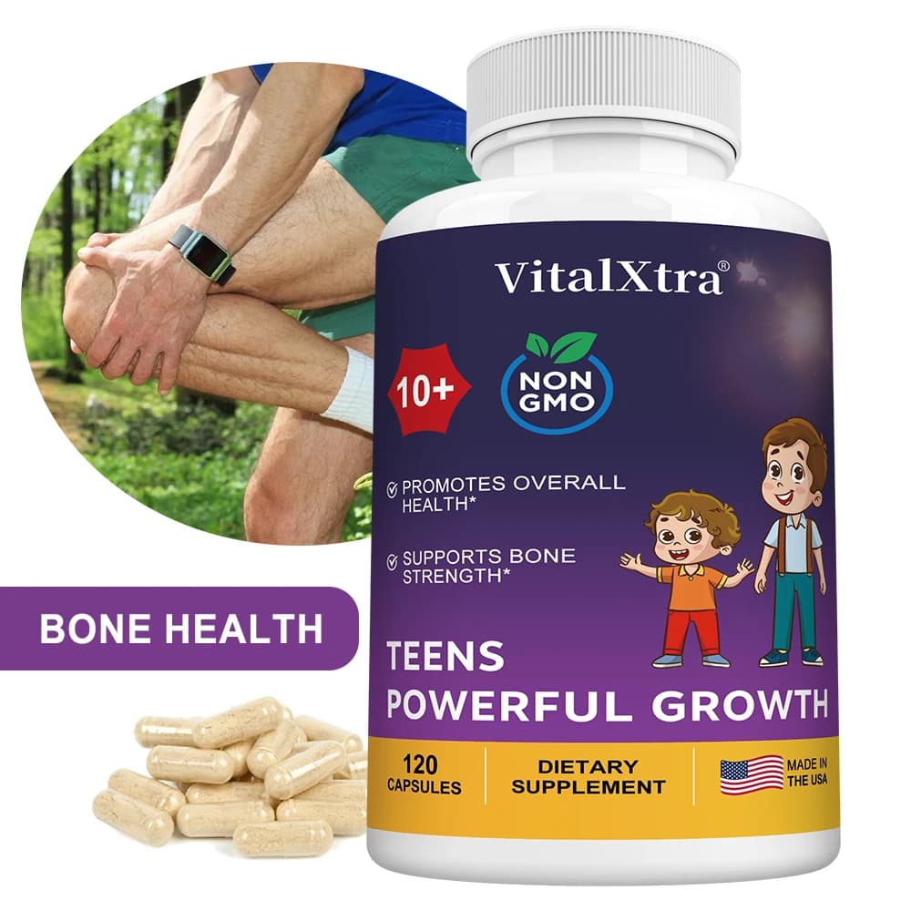 TEENS POWERFUL GROWTH supplement capsules, containing vitamin D3 + K2, calcium, to strengthen bones and improve immunity