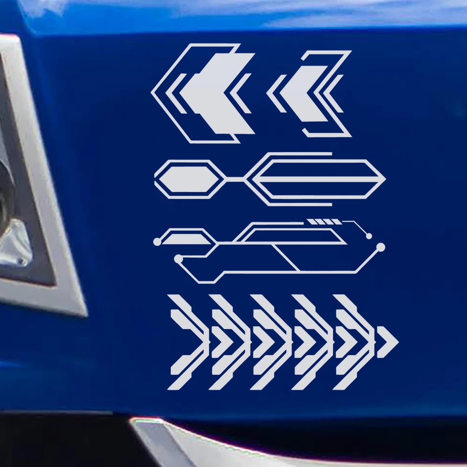 Adesivo con freccia direzionale a forma di vertebra meccanica - design blu brillante e bianco, adatto per motociclette, auto, camion