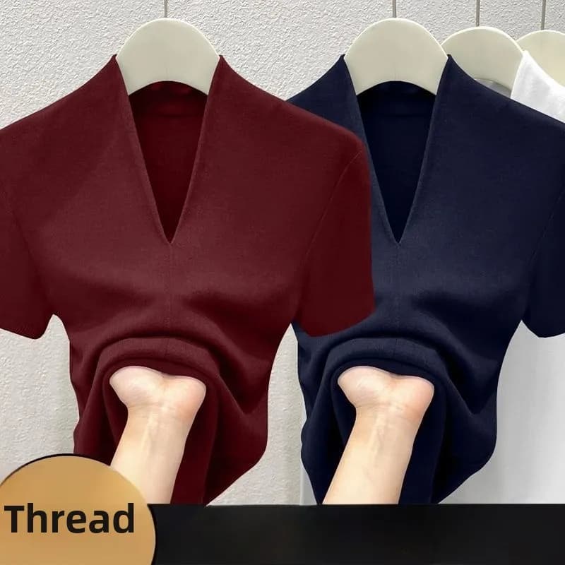 Estate 2025 NUOVA maglietta sottile con scollo a V sexy da donna in cotone elastico di base solido femminile top casual manica corta magliette sottili