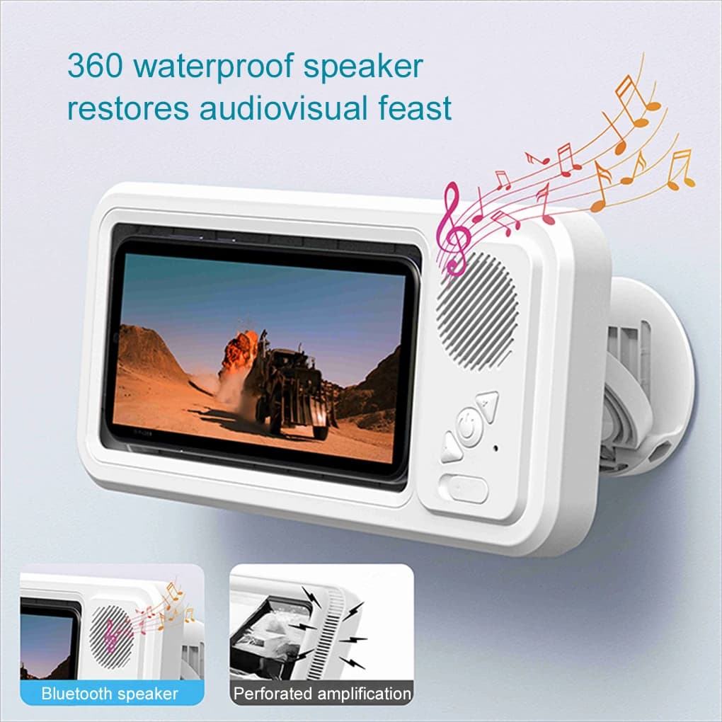 Nuovissimo altoparlante per doccia Bluetooth e supporto per telefono per ripristinare il telefono da bagno a livello IPX4 per feste visive bianco
