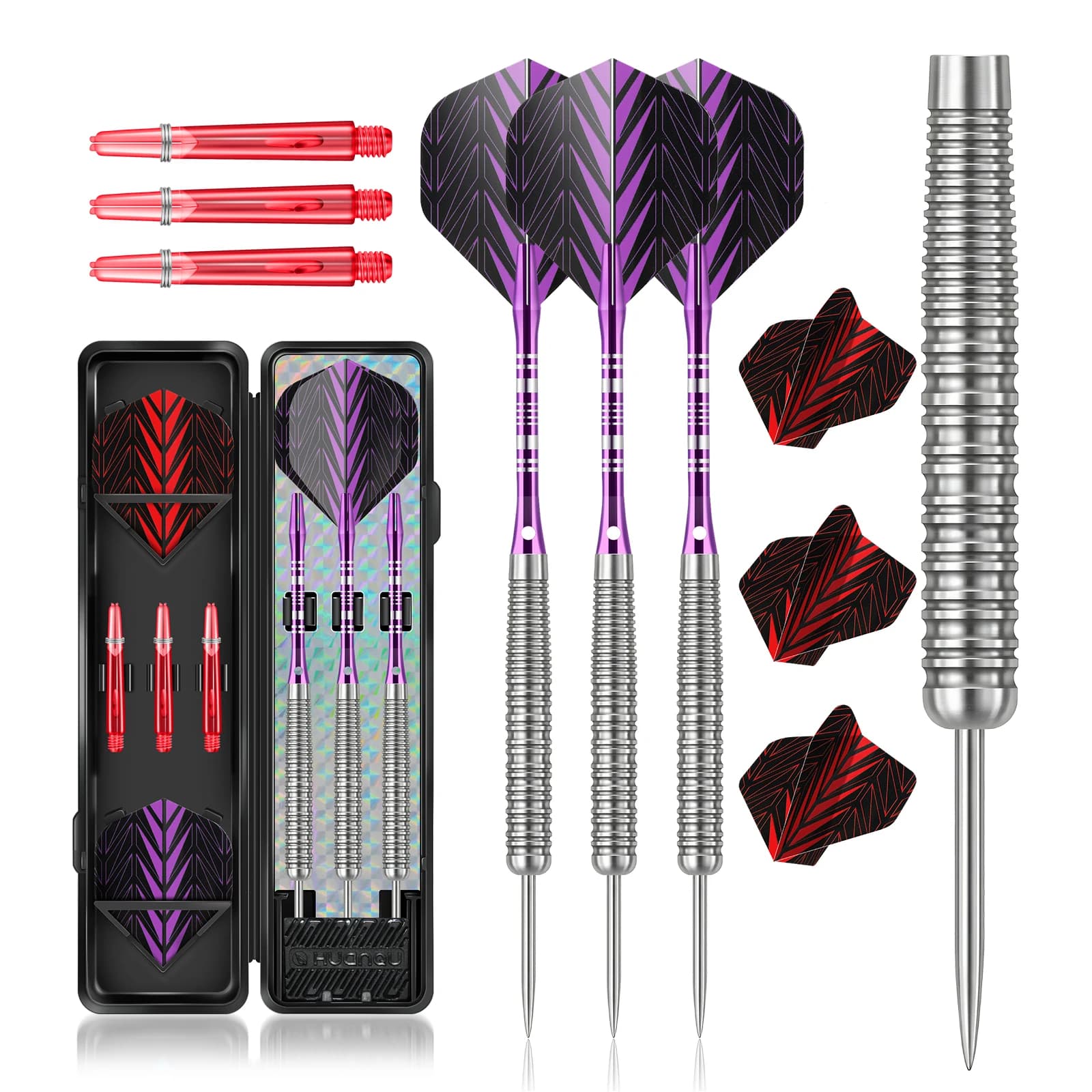 HUANQU 3Pcs Steel Tip Darts Set Iron Darts 19g Textured Grip Barrel with Spare Shafts Flights Case for Adult Dart Game