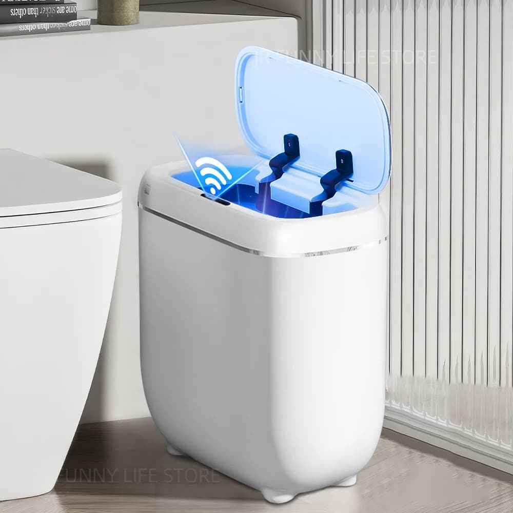 Bidone della spazzatura intelligente da bagno da 14 litri Bidone della spazzatura con sensore automatico stretto Cestino della spazzatura impermeabile Modello di ricarica/batteria Bidone della spazzatura con coperchio