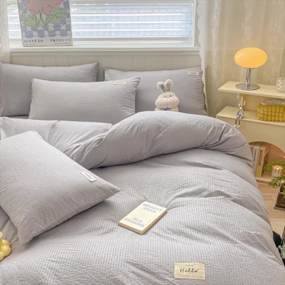 Y1 HomeWaffle Set of four pieces in washed cotton, bedding not entirely in cotton, bedding in pure cotton, bed linen for students' dorms, duvet
