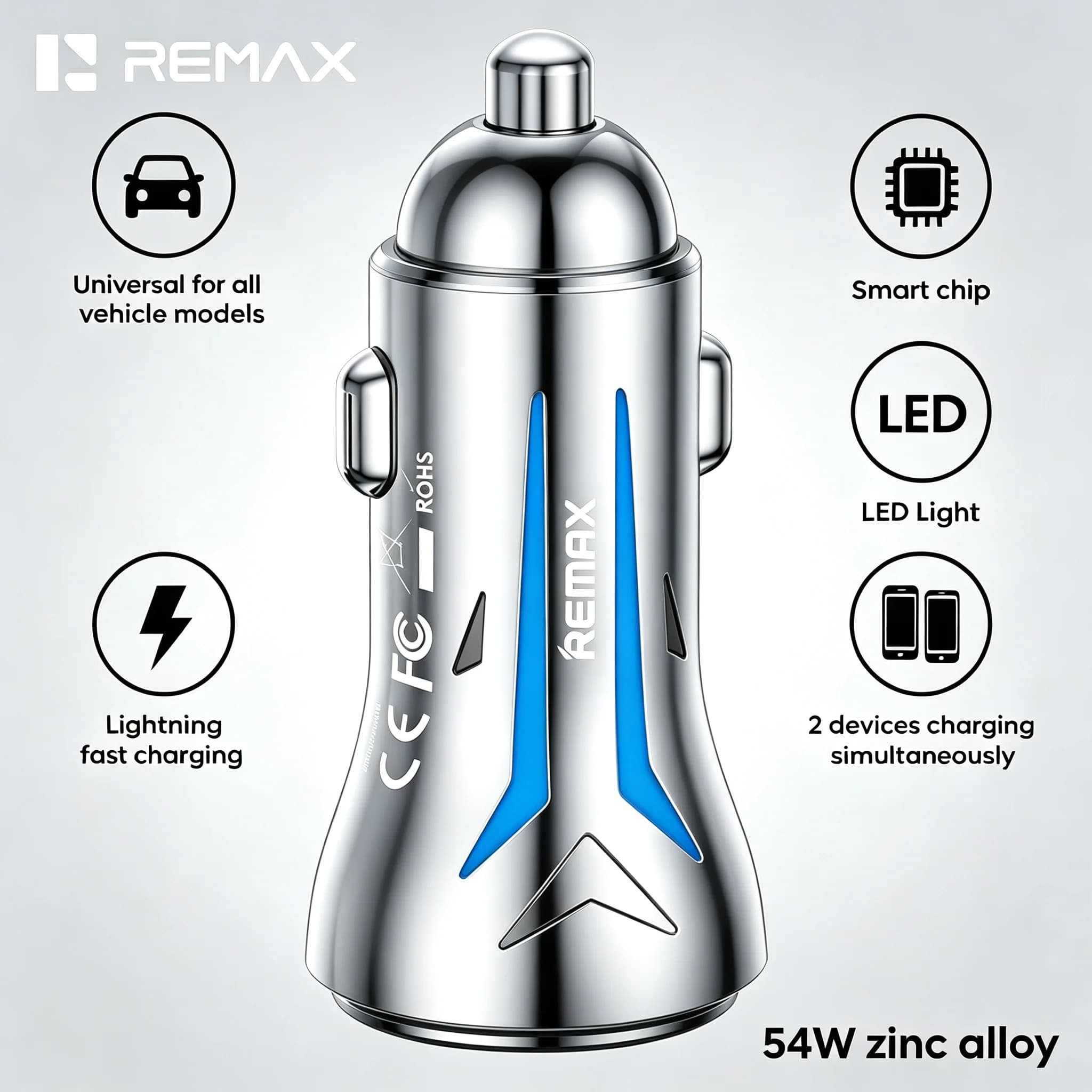 REMAX 36W Zinc Alloy Dual Port Fast Car Charger PD30W QC18W LED Light Mini For Laptop Tablet phone For Laptop Tablet phone