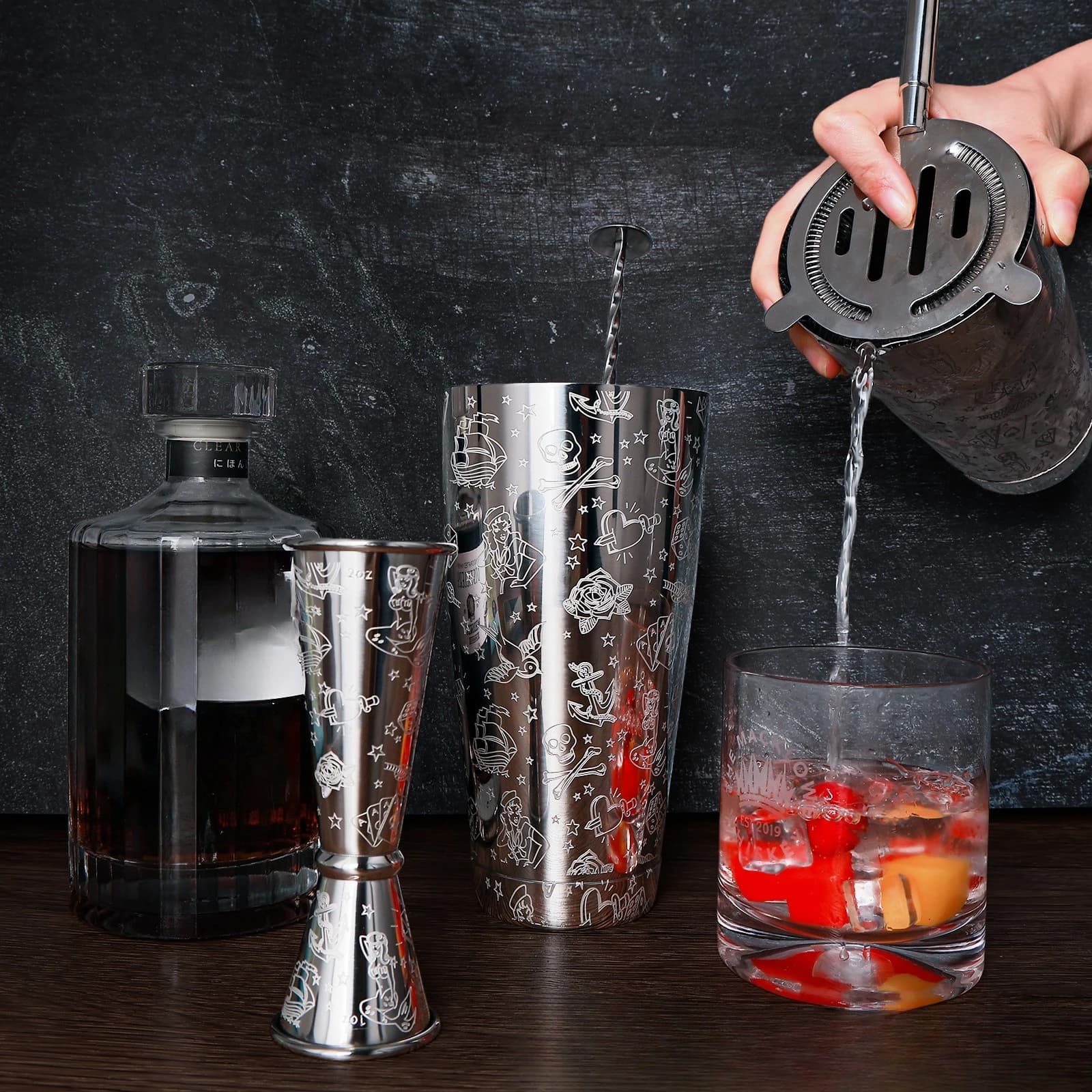 Set da Cocktail in Acciaio Inox JC, Shaker Inciso, Tazza Shaker, Utensili da Bar, Set Shaker