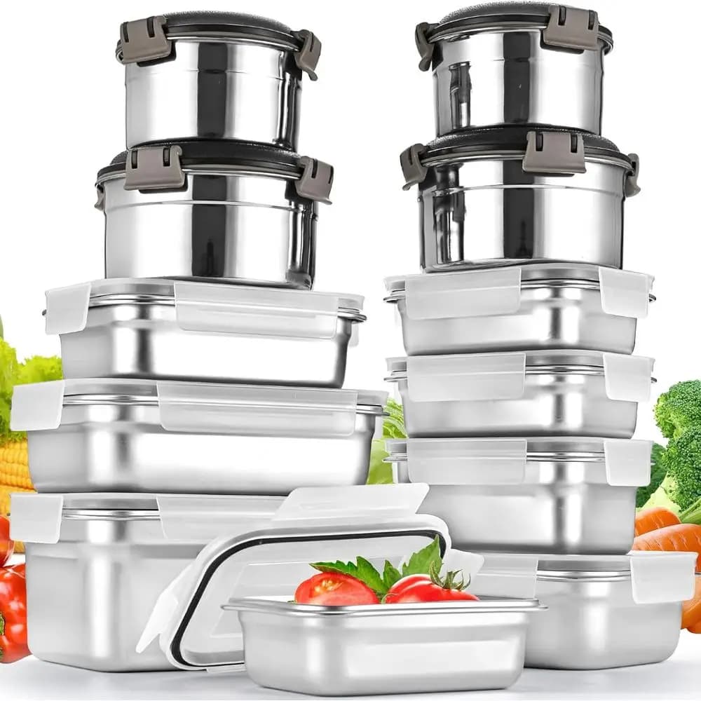 Set di 12 Contenitori per Alimenti in Acciaio Inox con Coperchi, Ermetici, per Preparazione Pasti, Ideali per Kimchi e Alimenti Vari