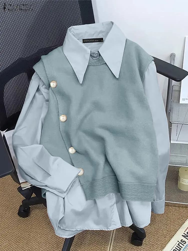 2025 ZANZEA Donne alla moda Autunno Camicetta a maniche lunghe Falso 2 pezzi Top Pullover Elegante risvolto Collo Camicia da lavoro per ufficio Mujer Femme