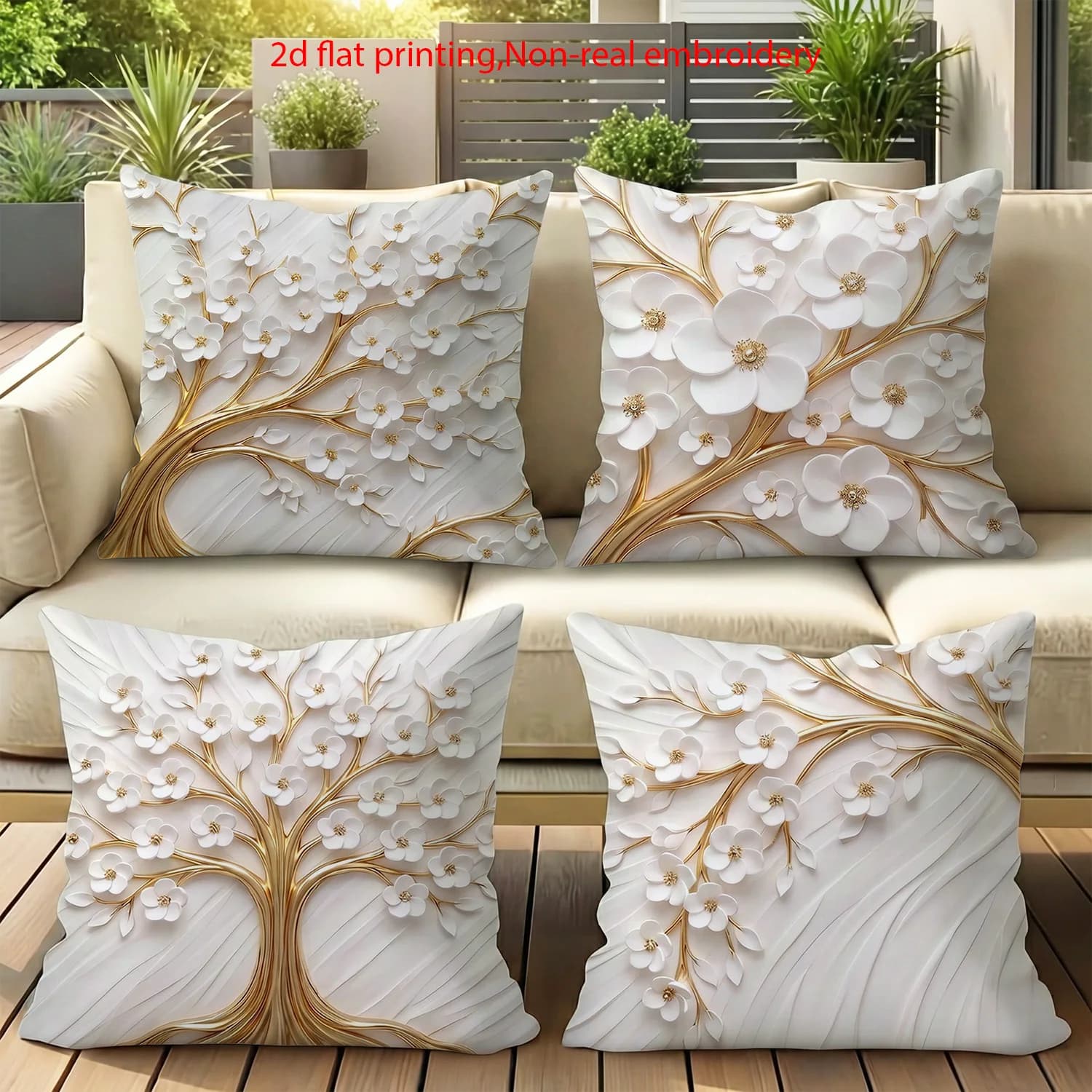 Luxurious Floral Spring Pattern Throw Pillow Covers Set 4PCS White Gold Branch Art Accent Pillow Case Cushion Decor for Sofa Hom