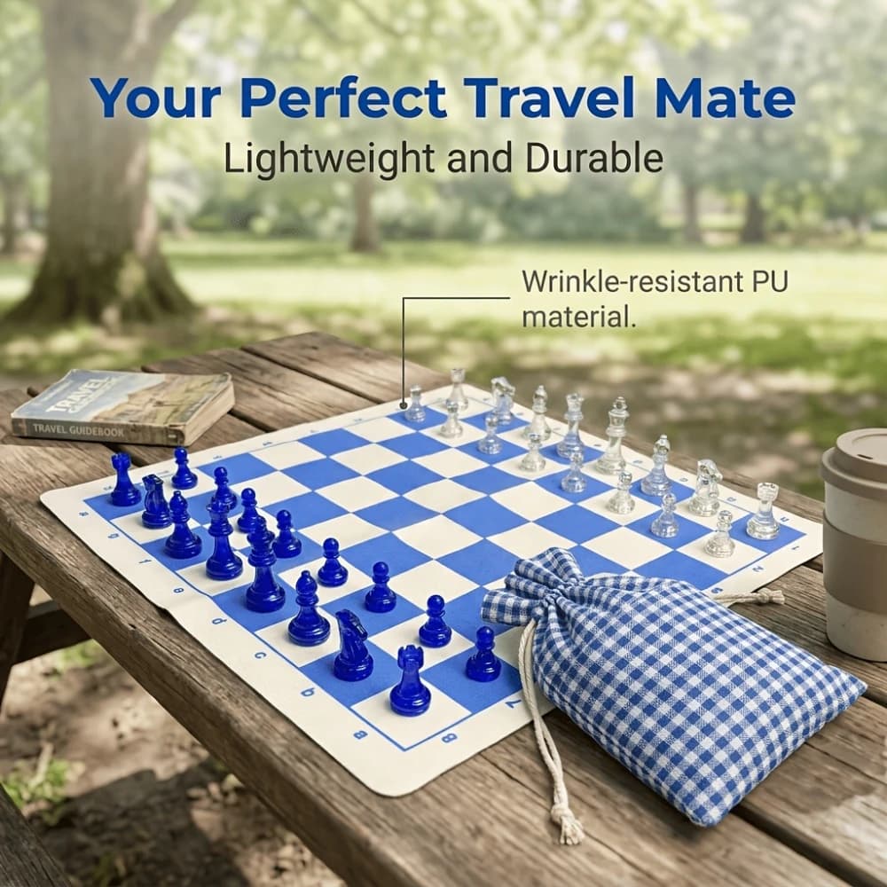 Portable International Chess Set, 13.78 X 13.78 inch Foldable Faux PU Chessboard, Includes Checkered Drawstring Storage Bag