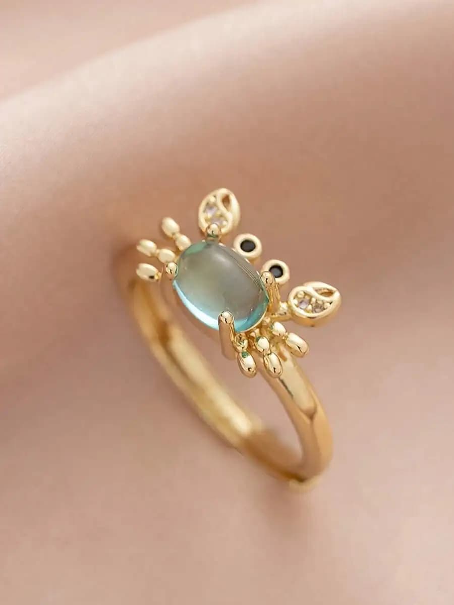 1pc Fancy Adjustable Mini Crab Ring For Women, Cute Vintage Summer Beach Style Copper Silver 18K Gold Plated Moonstone Light Blu