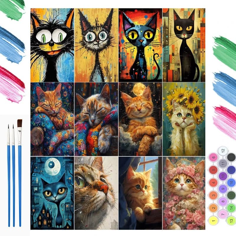 Abstract Cat Picture with Number Drawing on Canvas Cartoon Oil Painting By Numbers for Bedroom Wall Decor Diy Paint Package