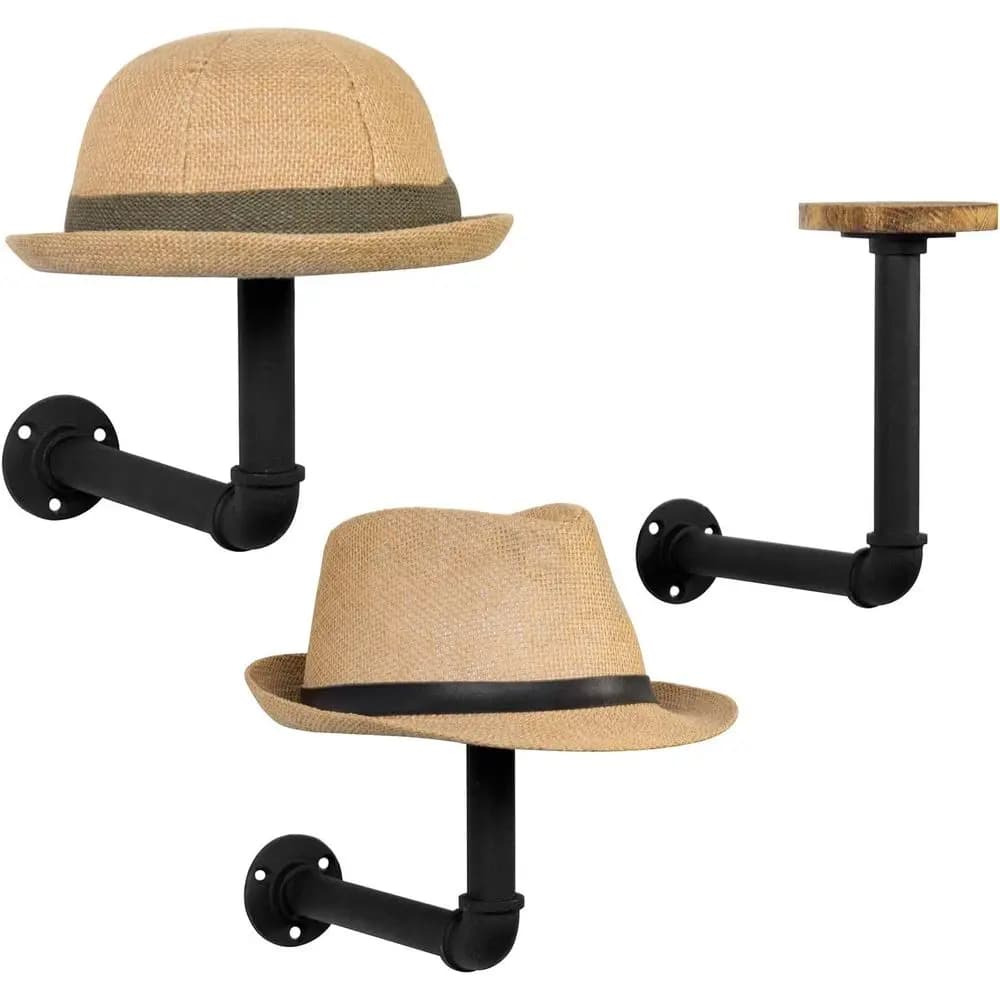 Portacappelli da parete con 3 ganci, in legno rustico e metallo nero, ideale per esporre cappelli e caschi