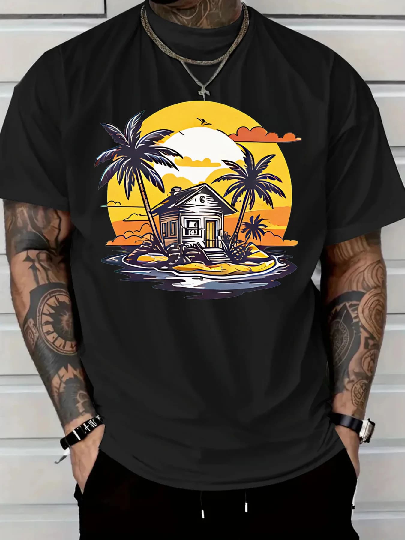 T-shirt casual in cotone da uomo T-shirt grafica con design da cabina al tramonto tropicale traspirante e confortevole