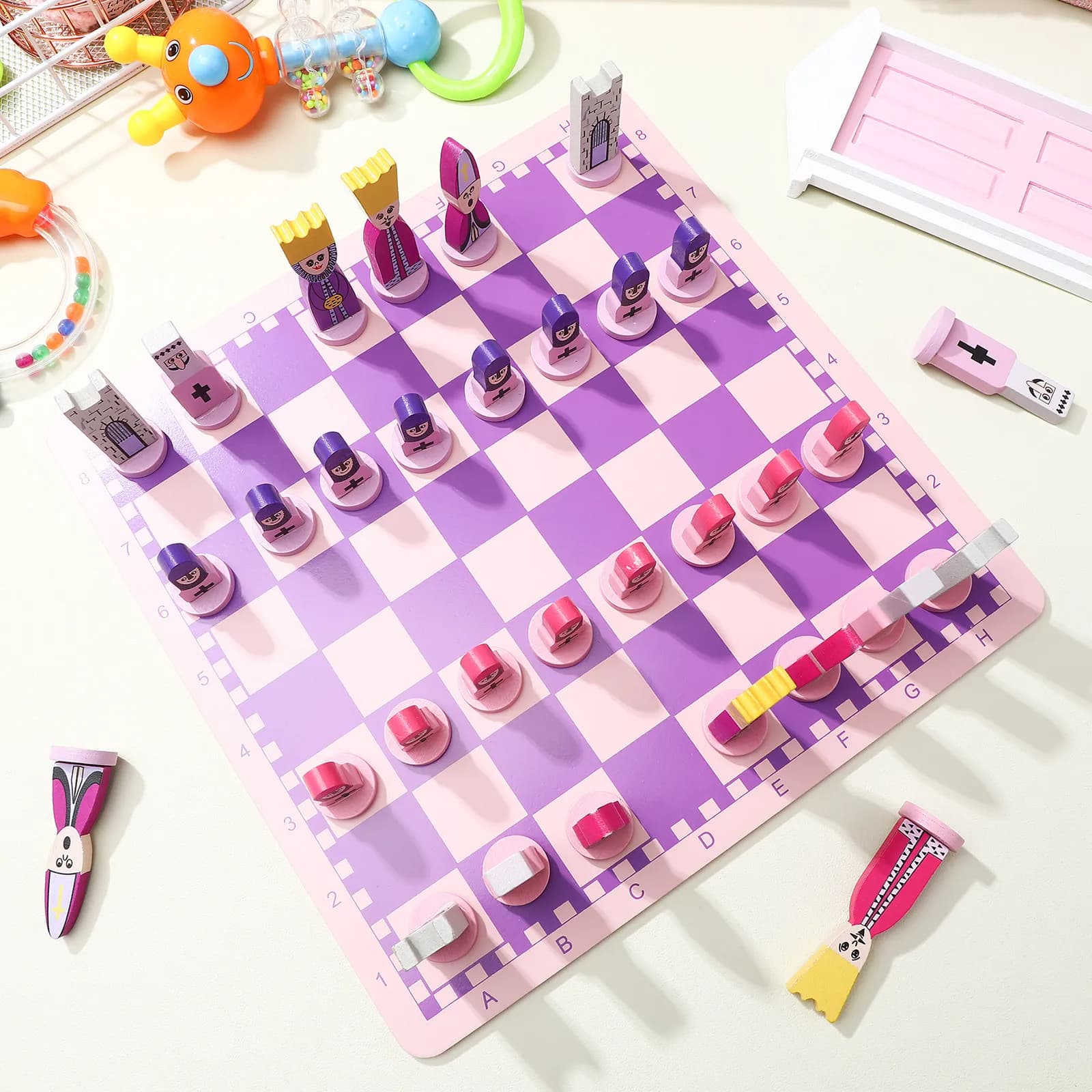Set di Scacchi Pieghevole Educativo 3 in 1 con Design Cartoon per Bambini e Adulti