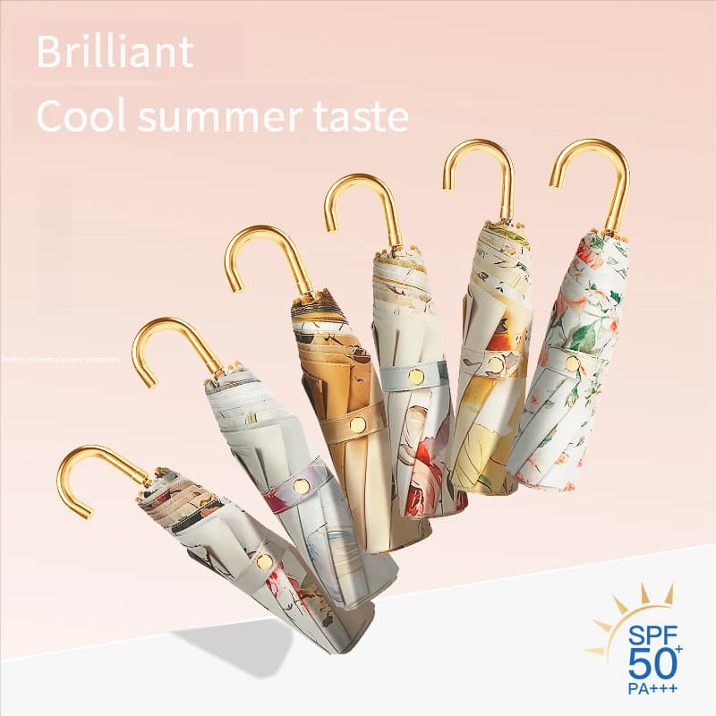 French oil painting three-fold small gold hook parasol protection against ultraviolet women's rainy umbrella sun umbrella small