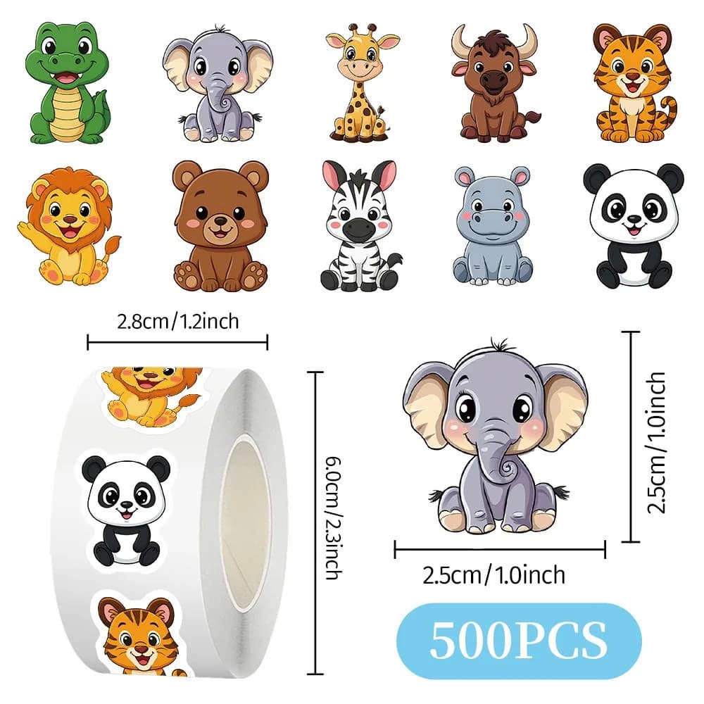500Pcs/Roll Cute Irregular Cartoon Animal Stickers DIY Journal Tape Kids Luggage Decor Decals