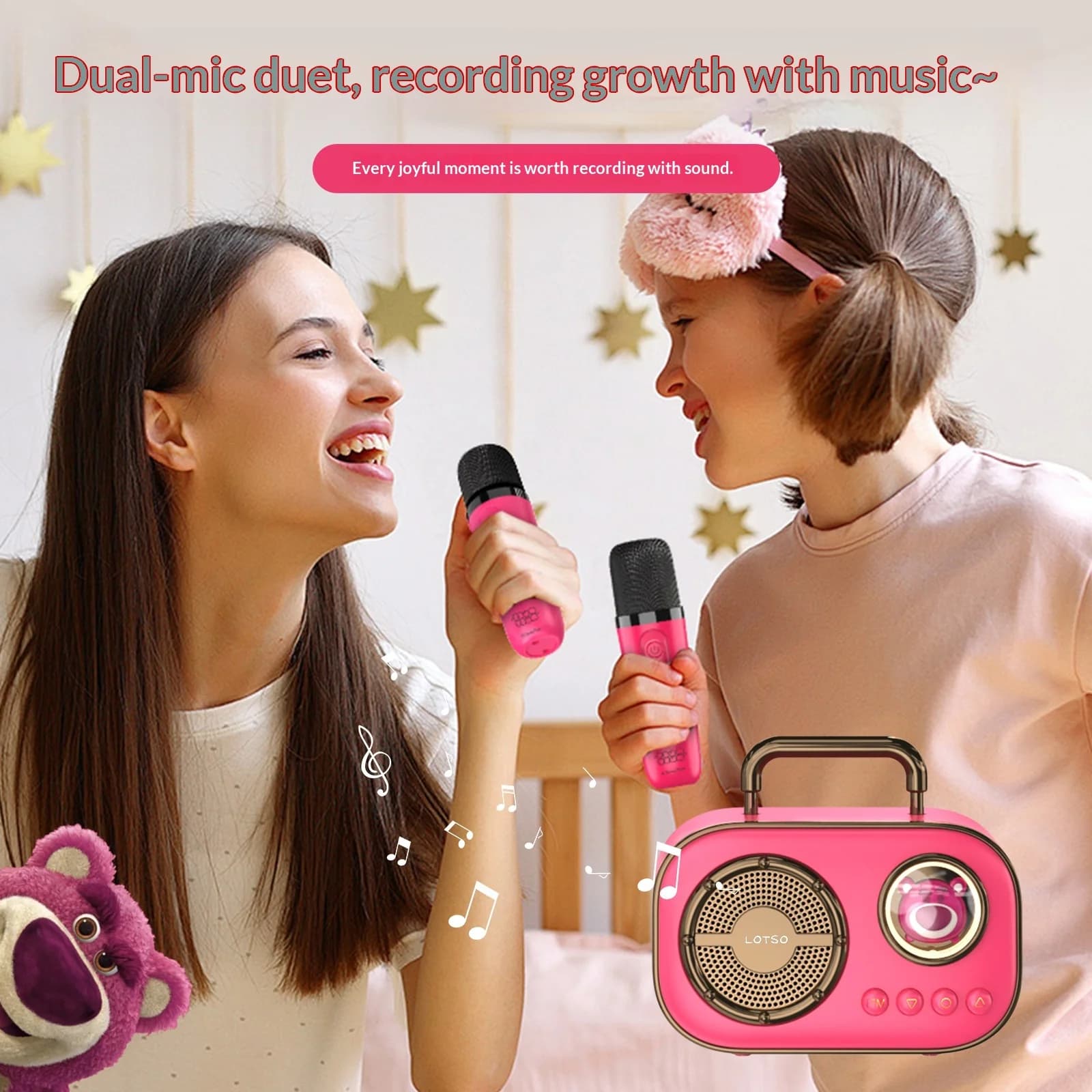 Disney Lotso Microfono portatile wireless Bluetooth tutto in uno con altoparlante, doppio microfono per karaoke domestico, feste all'aperto, KTV, canto