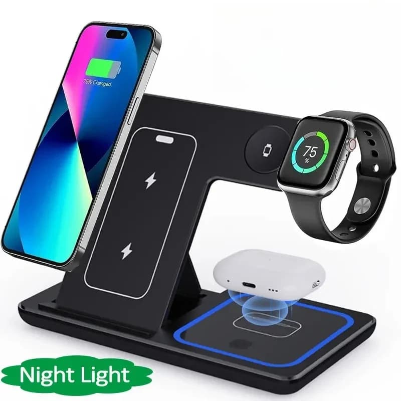 Supporto di Ricarica Wireless Veloce a LED 3 in 1 Pieghevole per iPhone 17 16 15 14 13 12, Apple Watch 9 8 7 6 5, Airpods Pro