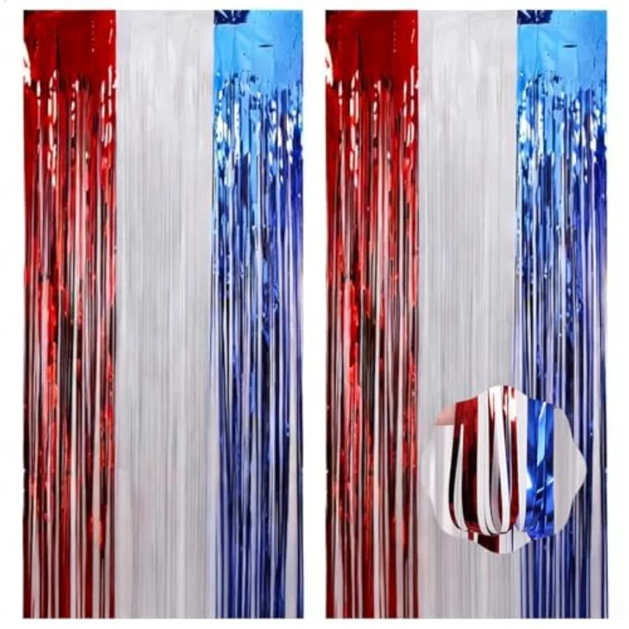 4th of July Foil Fringe Curtains, Red White Blue Streamers for Independence Day 250 Anniversary Patriotic Party Background Deco