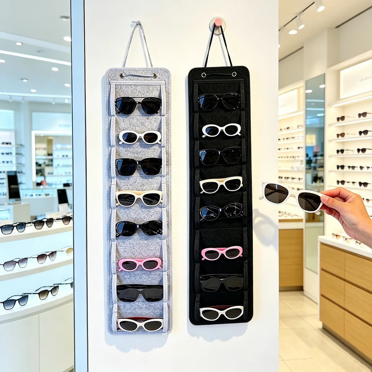 1pc foldable gray/black wall mounted storage bag 8 compartments storing felt glasses storage portable display storage rack