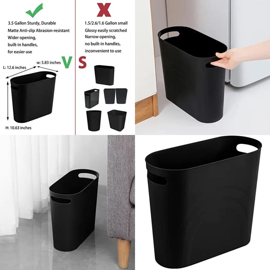 Piccolo Cestino per Rifiuti, Contenitore Sottile da 3,5 Galloni in Plastica con Manici per Spazi Ristretti, Bagno, Camera da Letto, Cucina, Ufficio, Nero