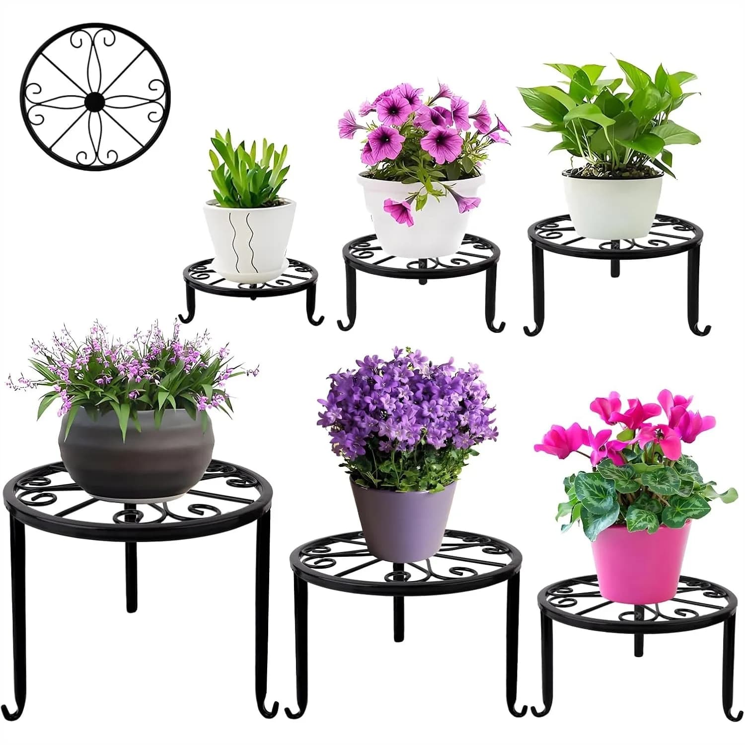 Set di 6 Supporti in Metallo per Piante, Robusti Supporti per Vasi di Fiori per Piante Multiple con Rivestimento Antiruggine, Portapiante Rotondo per