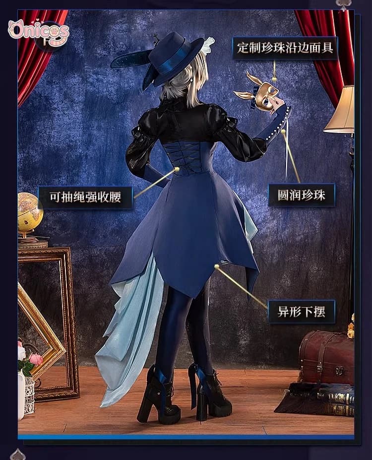 Reverse: Costume cosplay Vertin del 1999, abito a frac in stile fantasy vittoriano con parte anteriore corta e parte posteriore lunga Onicos