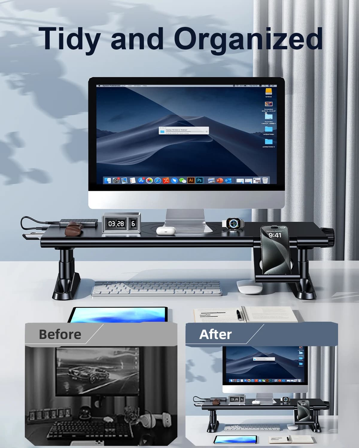 Oatsbasf Laptop monitor stand Riser with phone support 4.5-6.3" Adjustable height with 4 USB 3.0 Type-C office ports