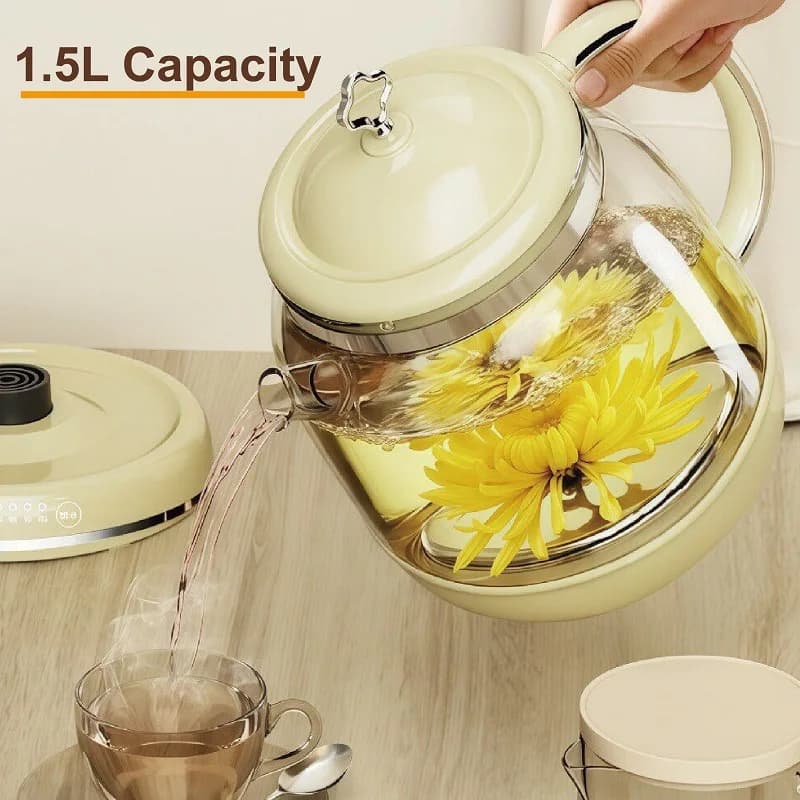 1000W Mini Electric Kettle Office Glass Flower Tea Pot Portable 1.5L Fruit Health Pot Multifunctional Tea Maker Auto Keep Warm