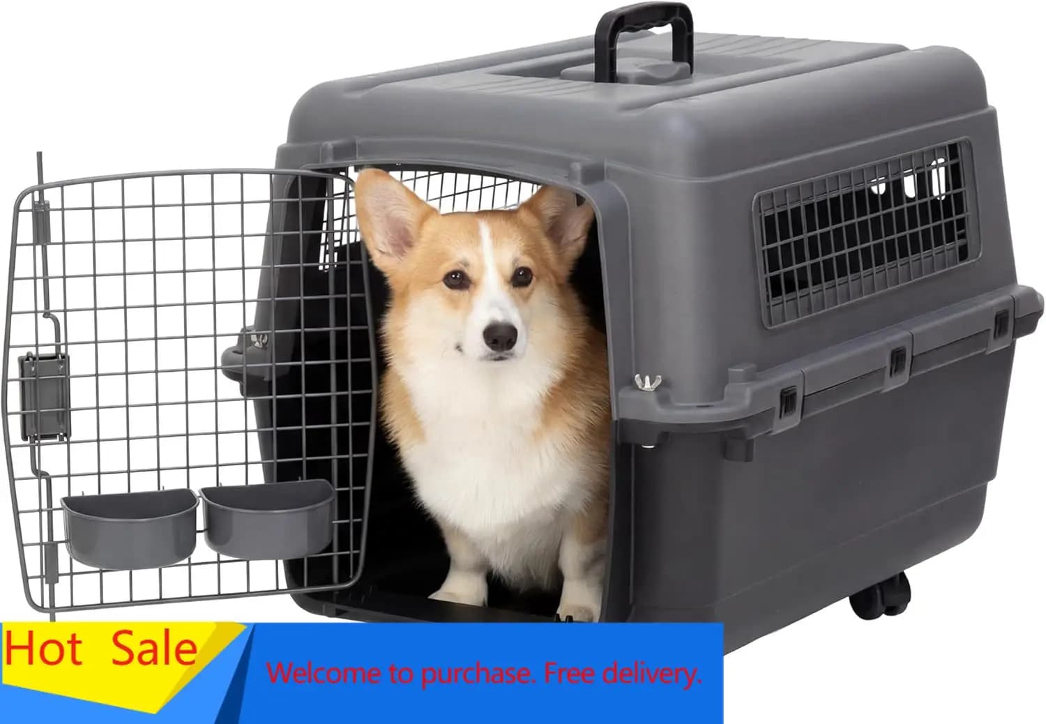 Trasportino per cani SportPet omologato per il trasporto aereo, MEDIUM 24.25 pollici - Trasportino per animali domestici in plastica resistente con ruote rimovibili e ciotole per cibo.