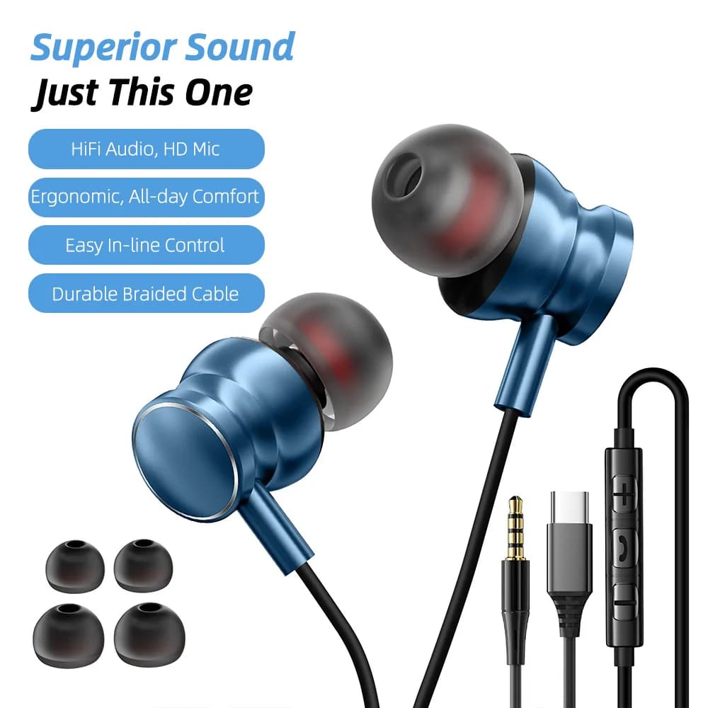 Cuffie USB-C per Samsung Galaxy S26/S25/S24/S23, Auricolari Cablati per iPhone 17/16/15, Cuffie da 3,5 mm con Microfono e Controllo Volume