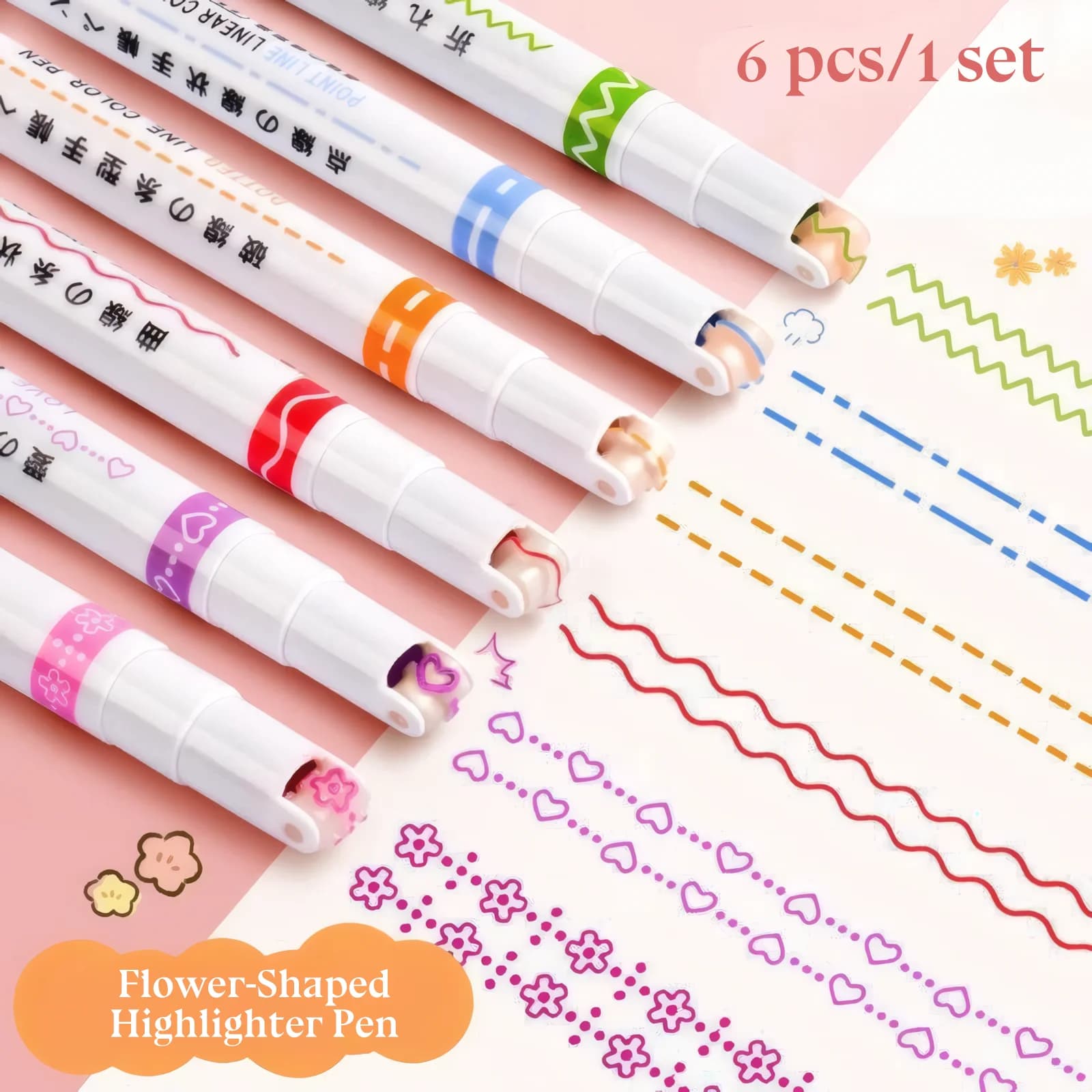 6 pezzi/1 set di evidenziatori a forma di cuore con linea di fiori carini, per scrivere taccuino di graffiti, disegno, regalo di cancelleria per diario
