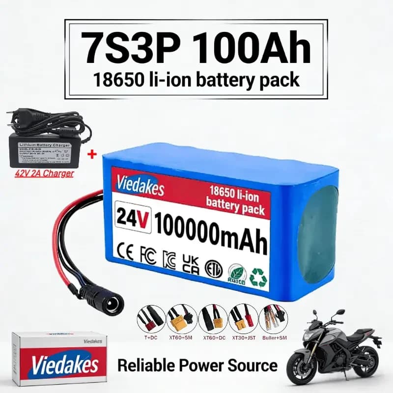7S3P 100000mAh 24V 21700 Lithium Battery Pack with BMS for Electric Motorcycle 24V Camping Equipment+optional Plug+ 2A Charger