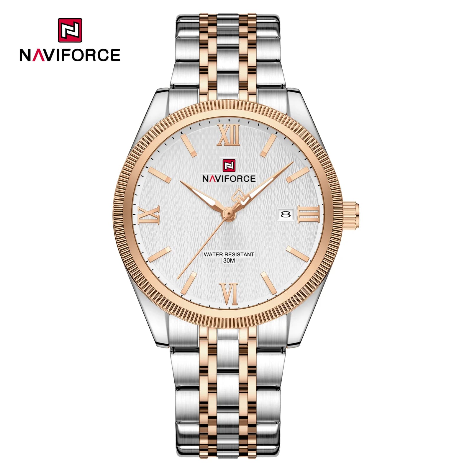 Orologio da uomo NAVIFORCE classico, semplice e robusto, con cinturino in acciaio color oro, quadrante bianco testurizzato, calendario e lancette luminose.