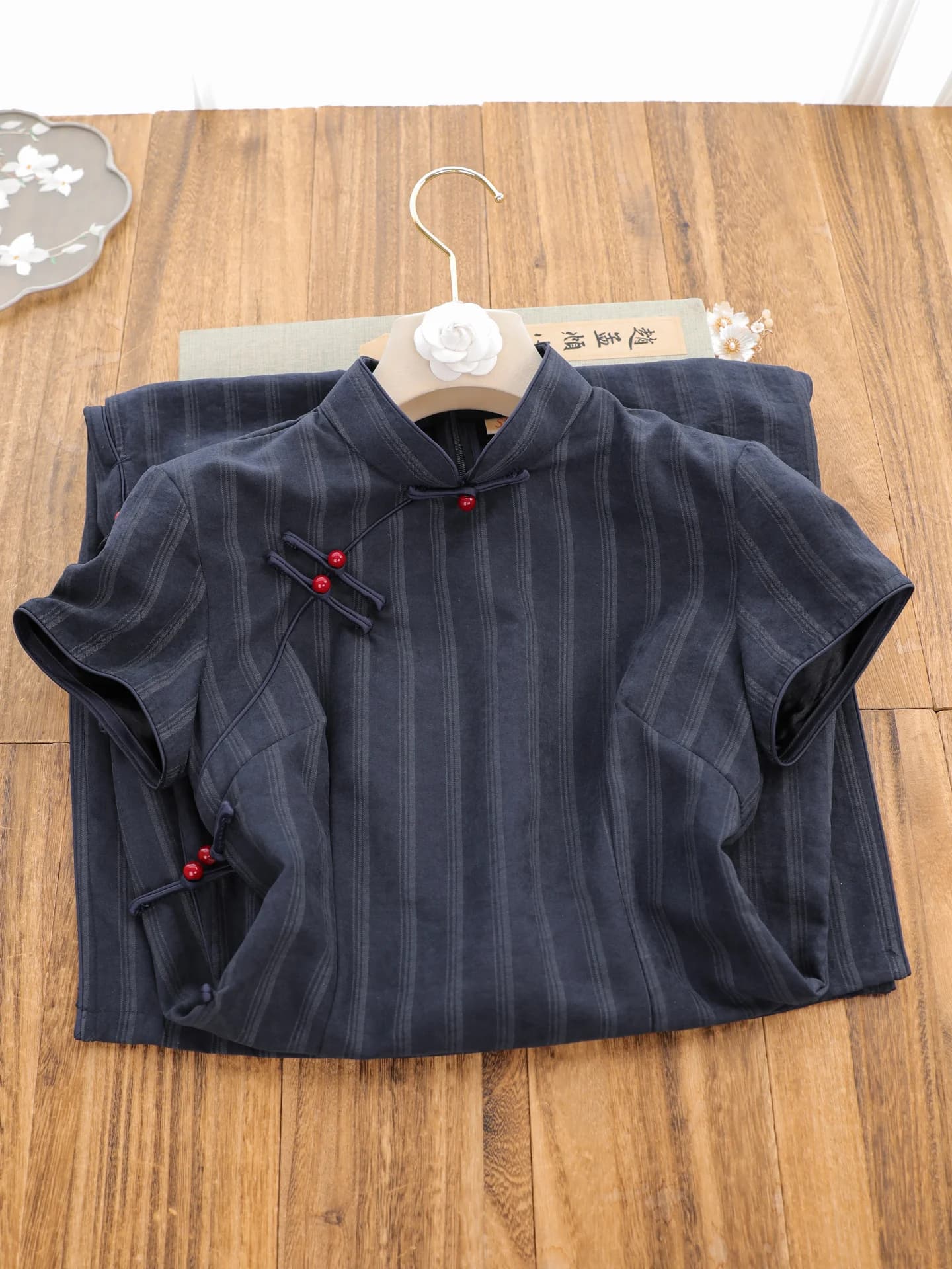 Young Style Short Sleeve Stripe Dress Blue Vintage Chinese New Design Daily Wear Polyester Spandex Long Qipao for W...