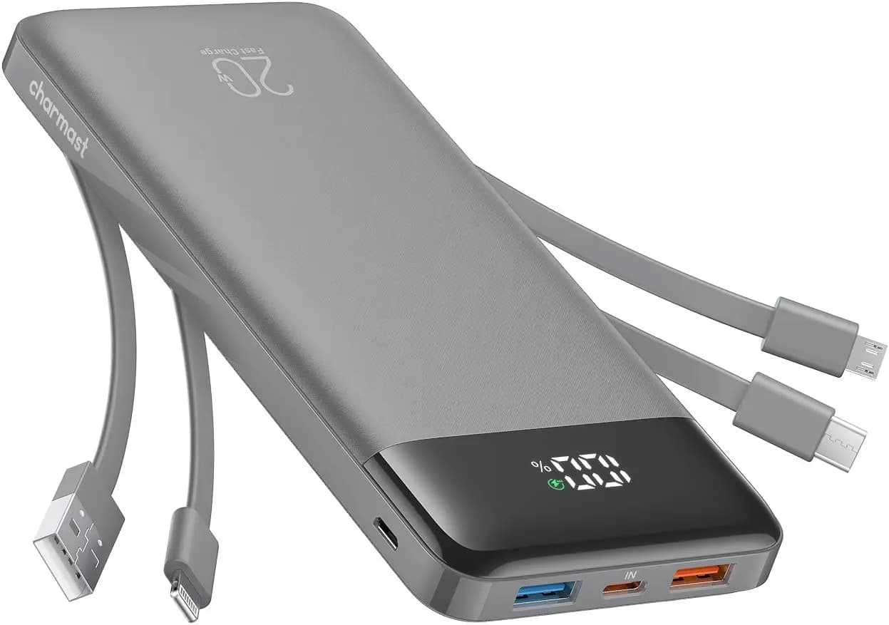 20000mAh Portable Charger with Integrated Cables, 22.5W Quick Charging Power Bank for Telephones and Tablets